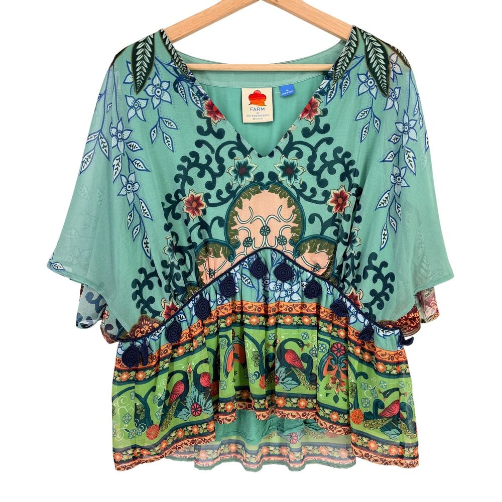 FARM Rio x Anthropologie Idiya Shirt Womens Sz M Floral Peacock Boho Blouse